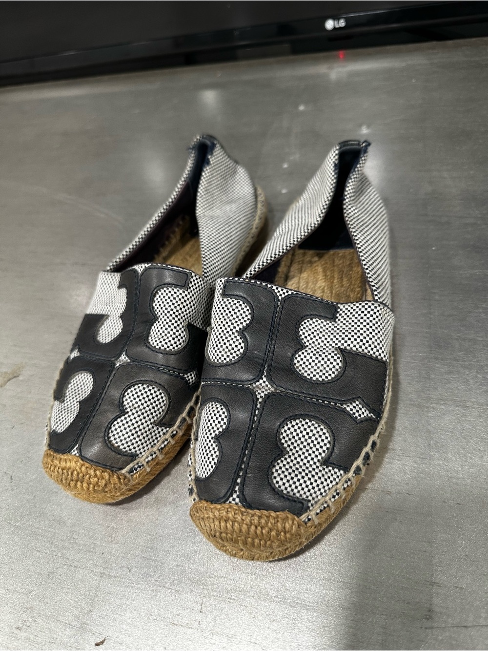 Tory Burch Black and White Patterned Espadrille Flats